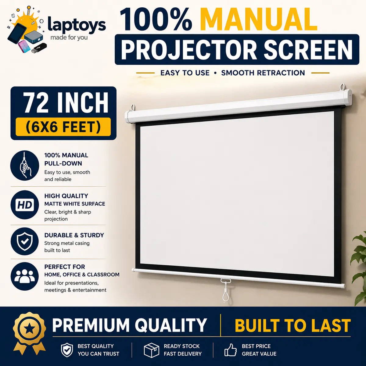 Projector Screen 6x6 Feet – Premium Manual Screen for Home & Office