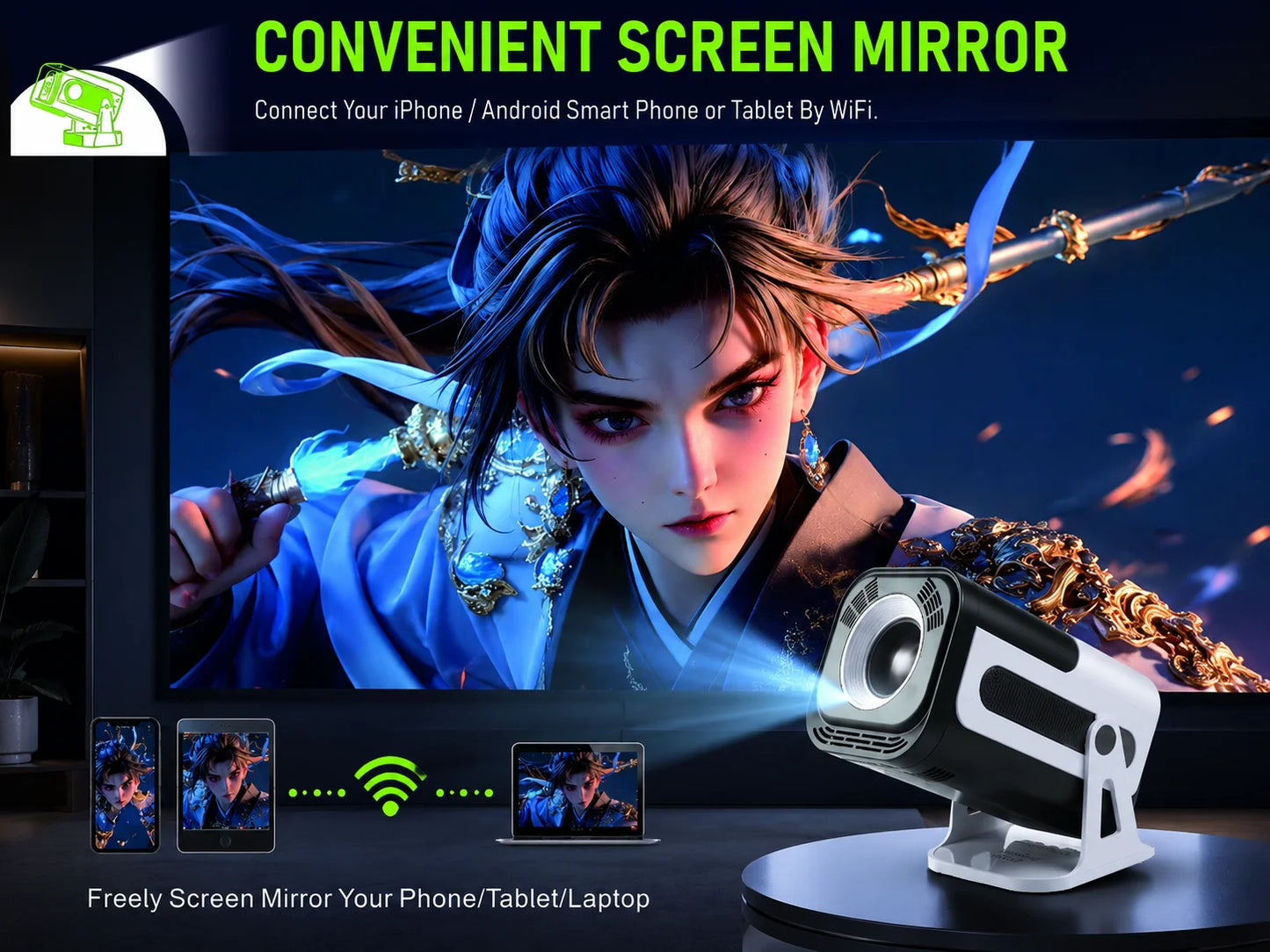 JY320 Smart Android Projector – 720P HD, Android 13, Dual WiFi & Bluetooth 5.1