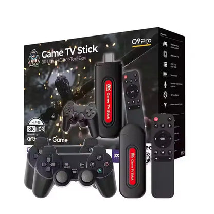 Q9 Pro Game Stick – 64GB TF Card | 30,000+ Built-In Games | Dual 2.4GHz Wireless Controllers | 4K HDMI Output | Plug & Play