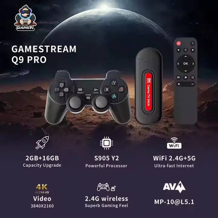 Q9 Pro Game Stick – 64GB TF Card | 30,000+ Built-In Games | Dual 2.4GHz Wireless Controllers | 4K HDMI Output | Plug & Play