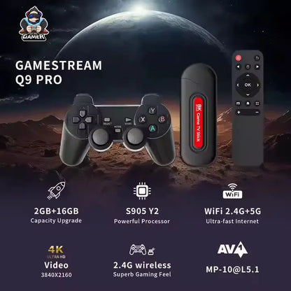 Q9 Pro Game Stick – 64GB TF Card | 30,000+ Built-In Games | Dual 2.4GHz Wireless Controllers | 4K HDMI Output | Plug & Play